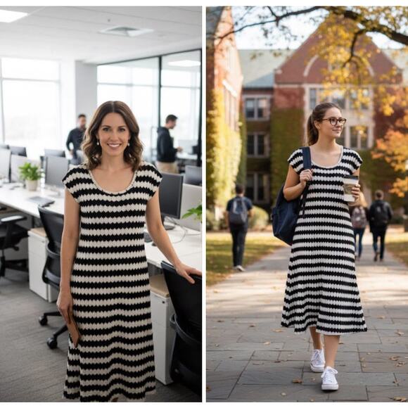 NWT Zara Limited Edition Black/Cream Striped Long Contrast Crochet Knit Dress L - Picture 1 of 10